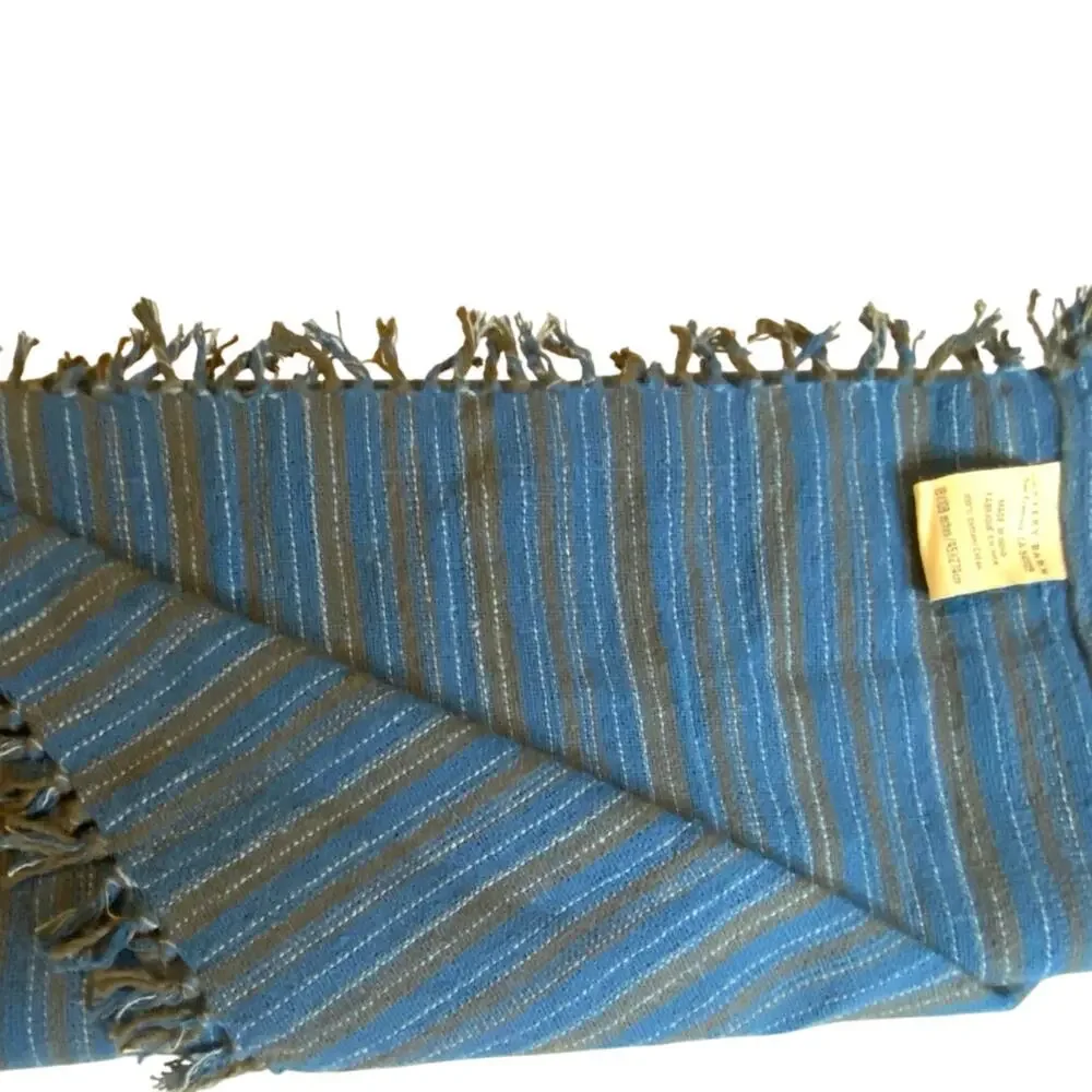 Vintage Blue‎ Brown striped Cotton Fringed 18 x 108 POTTERY BARN Table Runner